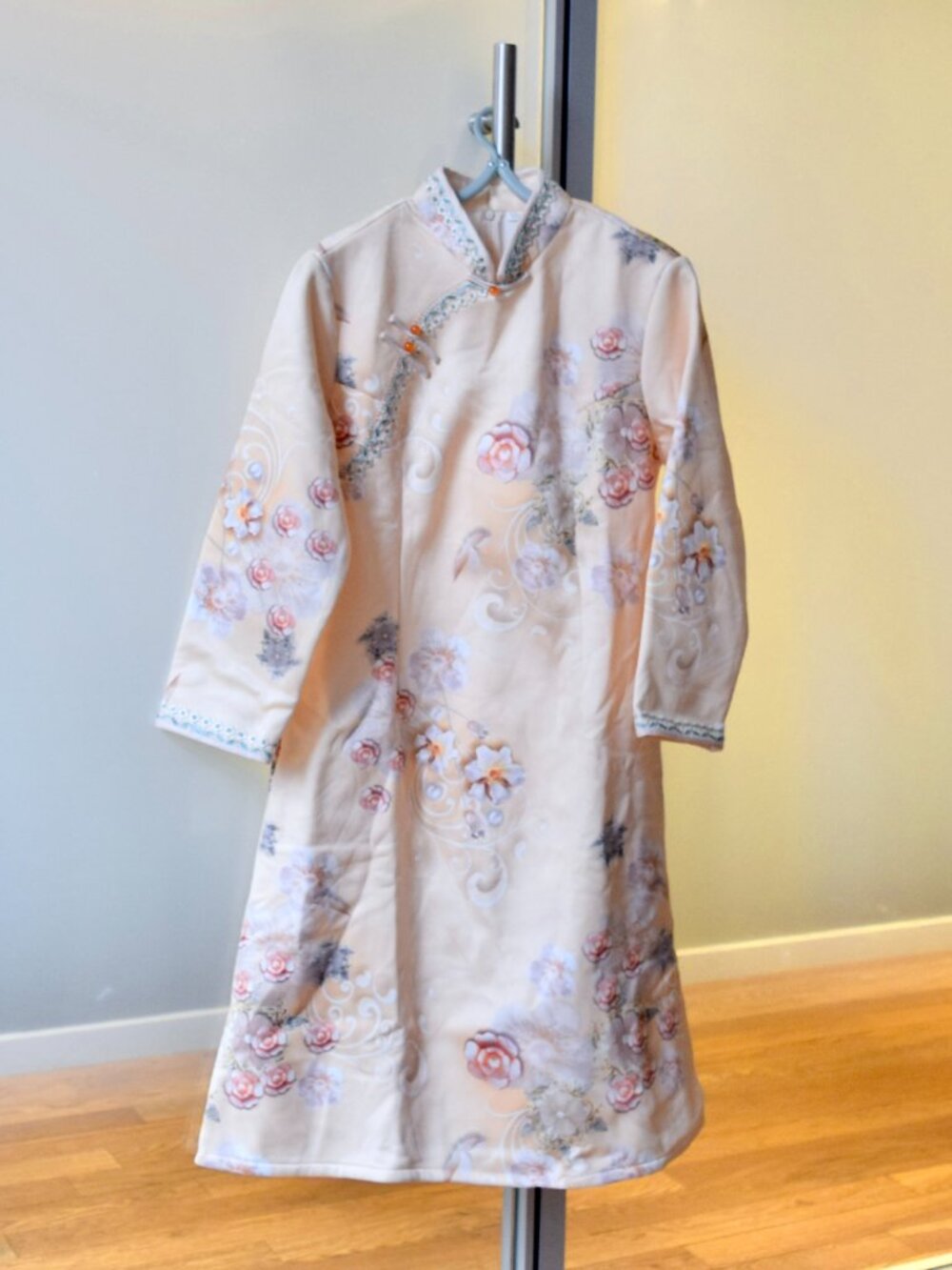 Yellow White Flora Qipao Midi Dress - Faux Suedue Fleece